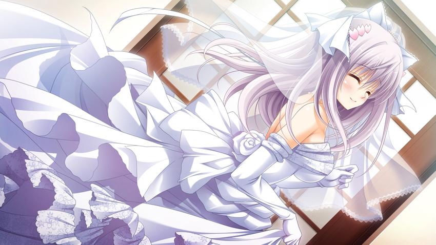 1girl 3-nin_iru! blush dress elbow_gloves eyes_closed game_cg gloves long_hair mibuno_suzume purple_hair smile suzui_narumi wedding_dress