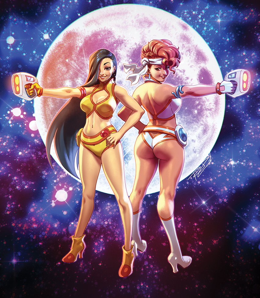 ankle_boots ass back back-to-back bare_legs blue_hair boots breasts cleavage_cutout curvy dirty_pair earrings energy_gun full_moon gloves gun hair_over_one_eye halter_top halterneck hand_on_hip handgun headband high_heel_boots high_heels highres hoop_earrings jewelry kei_(dirty_pair) knee_boots large_breasts lips long_hair md5_mismatch midriff moon multiple_girls navel pistol pompadour ray_gun red_hair robert_porter short_hair single_glove smile thighs very_long_hair weapon white_gloves yuri_(dirty_pair)