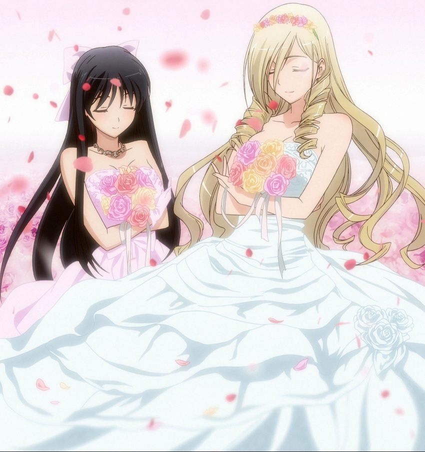 2girls black_hair blonde_hair blush bride celia_kumani_entory dress eyes_closed flower highres jewelry long_hair multiple_girls necklace ryuzouji_akane screencap smile stitched walkure_romanze wedding_dress