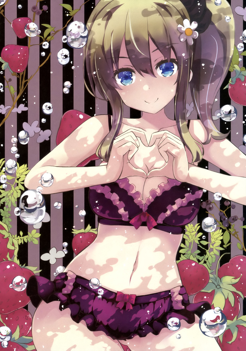 absurdres bare_shoulders blue_eyes bra breasts brown_hair bubble cleavage collarbone contrapposto dappled_sunlight flower food frilled_bra frilled_panties frills fruit hair_flower hair_ornament hand_gesture heart heart_hands highres kurokawa_izumi large_breasts looking_at_viewer midriff navel panties purple_bra purple_panties side_ponytail standing stomach strawberry striped striped_background sunlight underwear underwear_only vertical-striped_background vertical_stripes