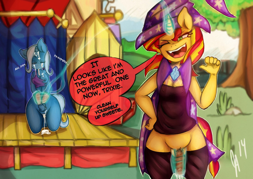 anthro anthrofied balls blue_fur breasts clothing cum cum_on_face dialog dickgirl duo english_text equestria_girls equine female friendship_is_magic fur grass green_eyes hair hat horn horsecock intersex kneeling mammal my_little_pony one_eye_closed open_mouth outside penis somescrub sunset_shimmer_(eg) text tree trixie_(mlp) two_tone_hair unicorn wizard_hat
