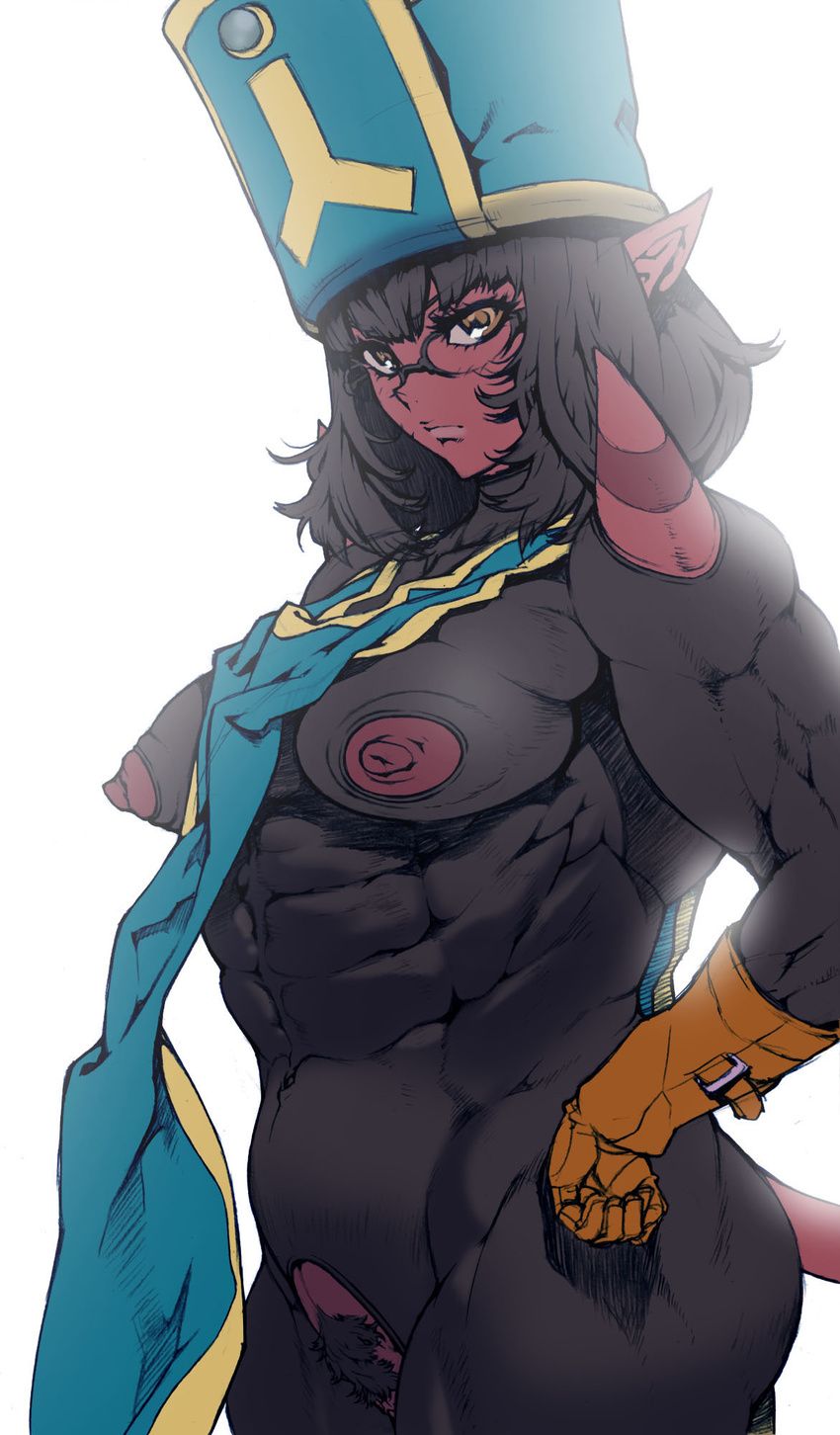 1girl black_hair bodysuit breastless_clothes breasts crotchless_clothes dragon_quest dragon_quest_x glasses gloves kei_(bekei) lips mitre monster_girl muscle nipples ogre_(dq10) pubic_hair red_skin solo spikes yellow_eyes