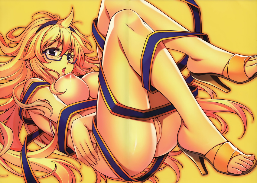1girl absurdres areolae ass black_eyes blonde_hair blush breasts feet freezing_(series) glasses hairband high_heels highres large_breasts legs long_hair looking_down nipples nude open_mouth open_shoes pussy sandals satellizer_el_bridget simple_background solo soo-hyon_lee thighs toes uncensored yellow_background