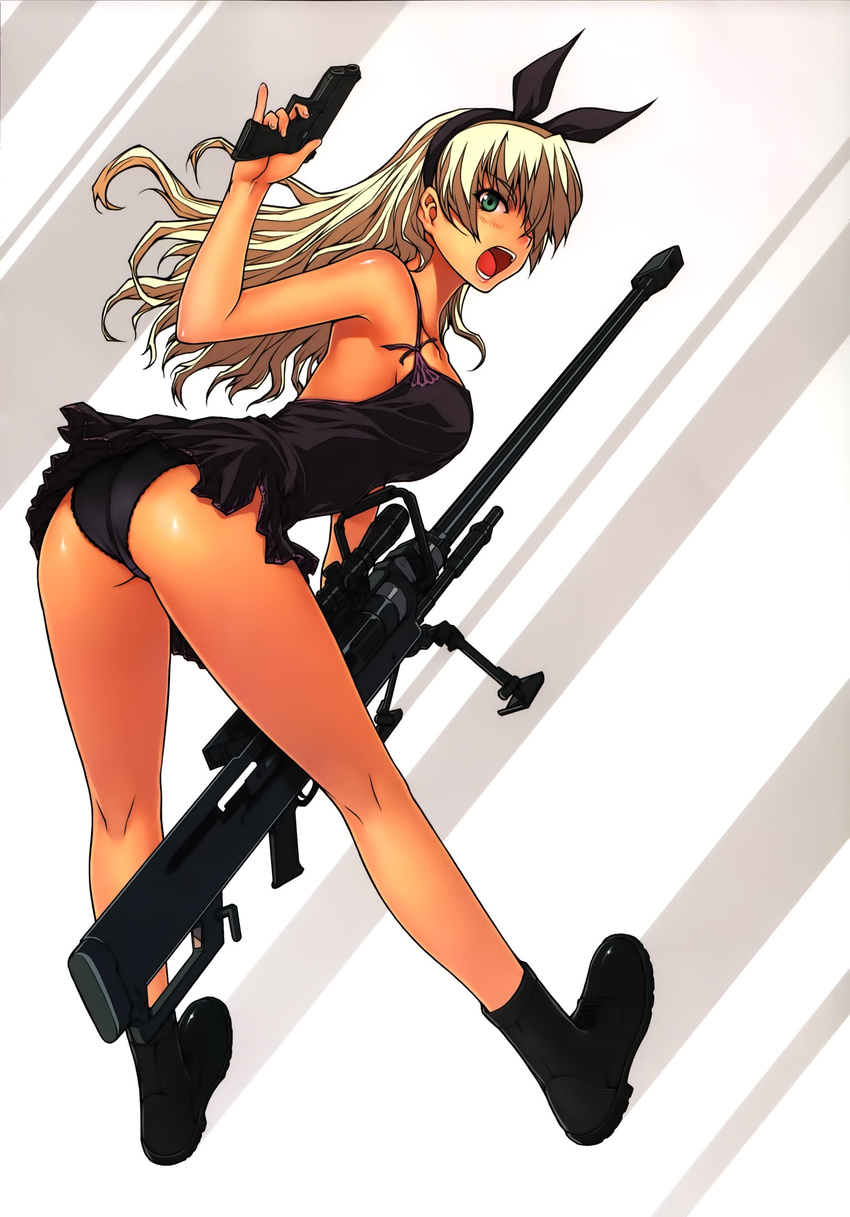 1girl absurdres ass bare_shoulders bent_over blonde_hair blue_eyes blush boots breasts character_request dress feet gun hairband highres large_breasts legs long_hair looking_back open_mouth panties simple_background solo soo-hyon_lee source_request thighs underwear weapon white_background