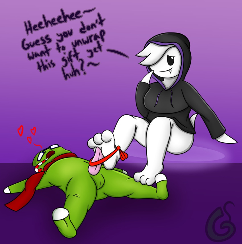2018 3_toes anthro balls boo_(mario) bottomless bow breasts candy candy_cane christmas clothed clothing digital_drawing_(artwork) digital_media_(artwork) duo erection eyewear fangs feet female food foot_fetish footjob ghost gift glasses godaduhslime green_skin hair holidays hoodie humanoid invalid_tag jay_(1-upclock) larvitar levitating lying male male/female mario_(series) mario_bros nintendo nude open_mouth penis pok&eacute;mon pok&eacute;mon_(species) scarf scarlet_(godaduhslime) sex simple_background soles spirit text toes video_games white_hair white_skin