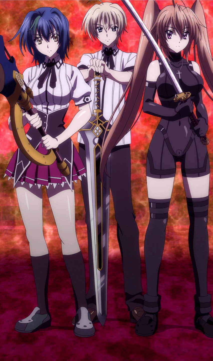 1boy 2girls blonde_hair blue_hair bodysuit breasts brown_hair high_school_dxd highres kiba_yuuto large_breasts long_hair multiple_girls purple_eyes school_uniform screencap shidou_irina short_hair standing stitched suit sword weapon xenovia_(high_school_dxd)