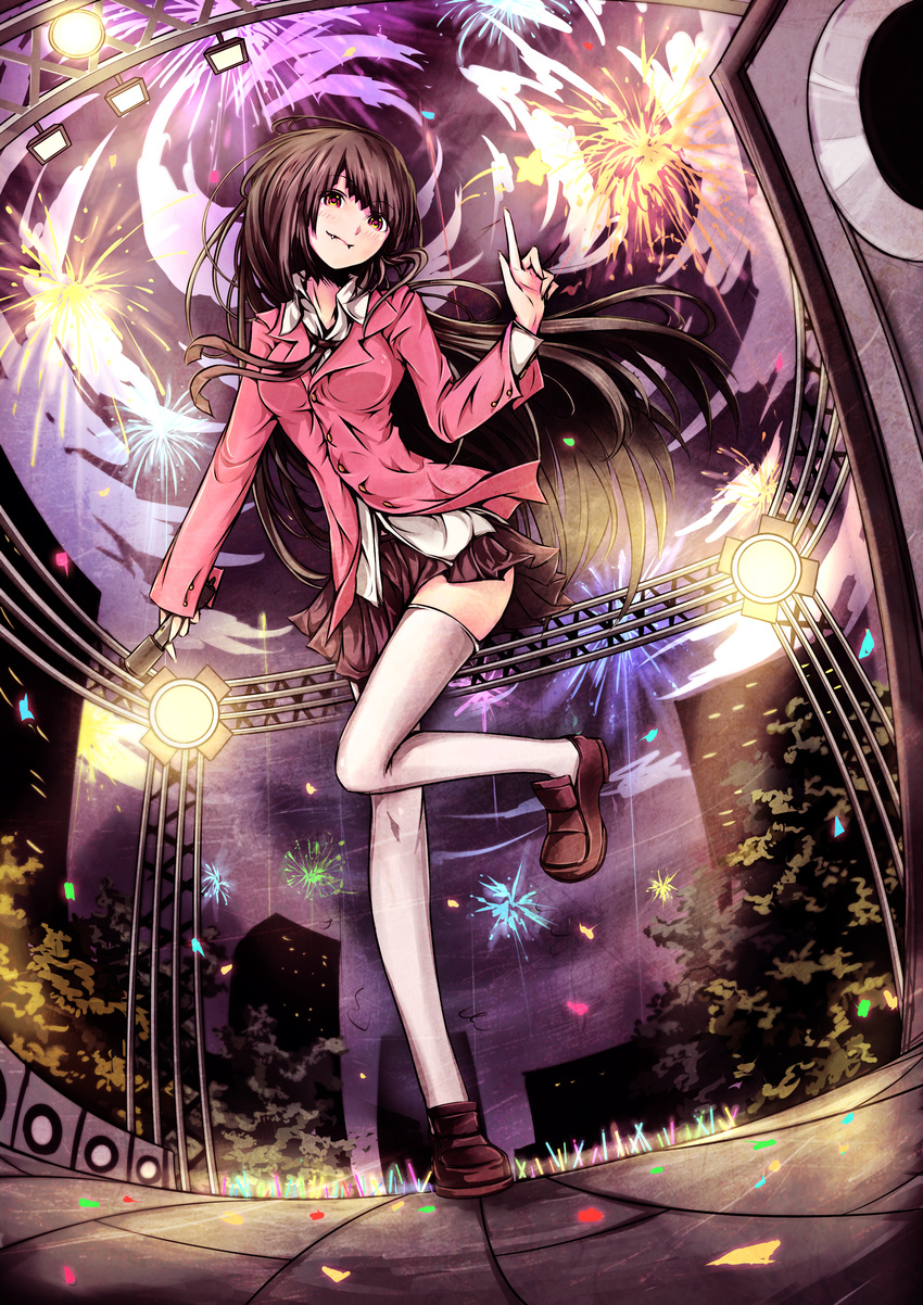 absurdres black_hair city fang fireworks full_body glowstick highres hourai_no_hangentsuki loafers long_hair looking_at_viewer magic microphone multicolored multicolored_eyes original outdoors pink_eyes school_uniform shoes short_hair smile solo speaker stage stage_lights standing standing_on_one_leg thighhighs tile_floor tiles white_legwear yellow_eyes zettai_ryouiki