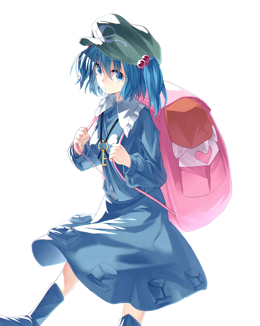 backpack bag blue_dress blue_eyes boots dress hair_bobbles hair_ornament hat highres ibuki_notsu kawashiro_nitori key looking_at_viewer rubber_boots shirt simple_background skirt skirt_set solo touhou two_side_up white_background