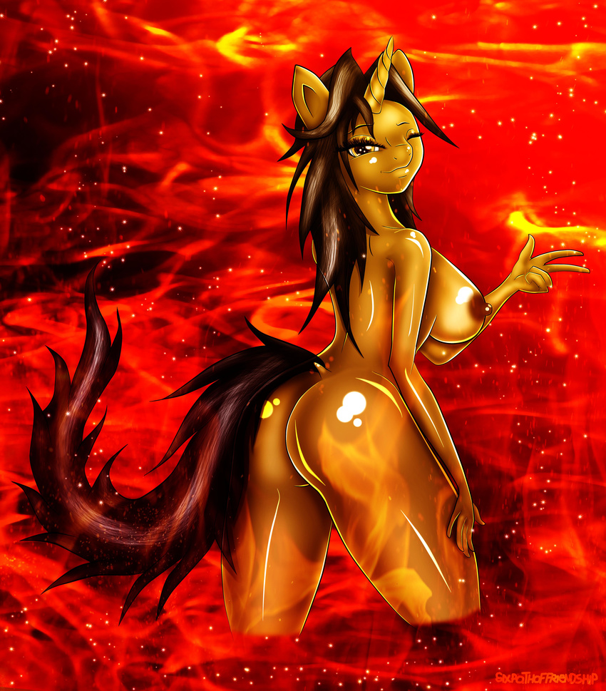 absurd_res anthro anthrofied breasts brown_hair butt equine female fire friendship_is_magic hair hi_res horn horse looking_at_viewer mammal metalfoxxx my_little_pony nipples nude one_eye_closed original_character pony sixpathoffriendship solo unicorn warm_colors wink yellow_eyes