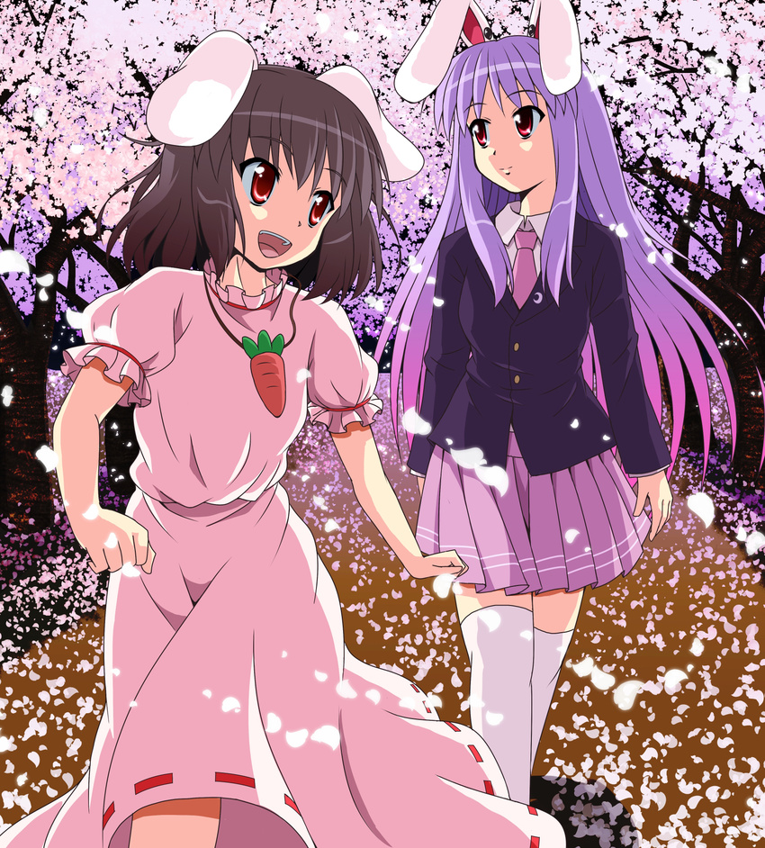 animal_ears black_hair bunny_ears carrot cherry_blossoms dress highres inaba_tewi jewelry lavender_hair light_smile long_hair multiple_girls necktie open_mouth over-kneehighs pendant petals pink_dress pleated_skirt puffy_short_sleeves puffy_sleeves red_eyes reisen_udongein_inaba short_hair short_sleeves skirt suit_jacket thighhighs touhou utakata_(azaka00) walking