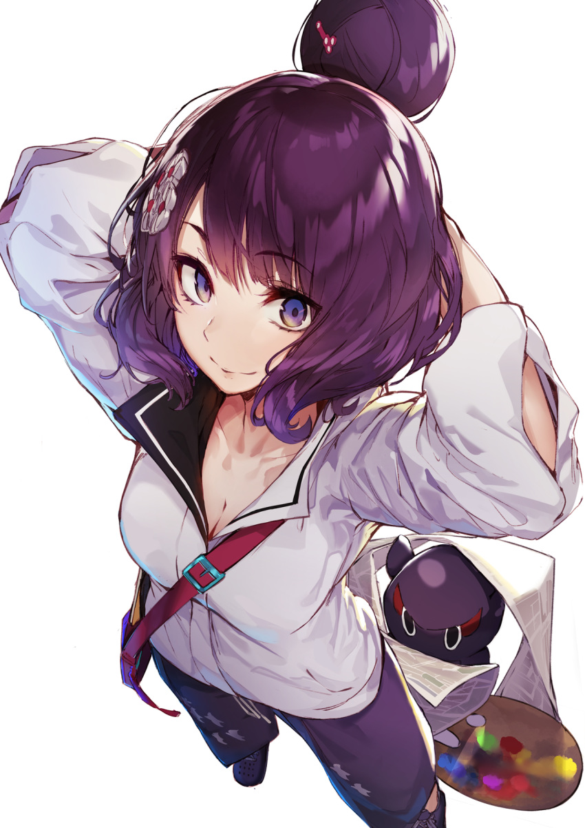 1girl akieda arms_behind_head arms_up bangs blush breasts closed_mouth fate/grand_order fate_(series) hair_bun hair_ornament hairpin highres katsushika_hokusai_(fate/grand_order) looking_at_viewer simple_background smile solo sweater tokitarou_(fate/grand_order) white_background white_sweater