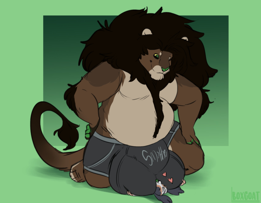 &lt;3 anthro big_dom_small_sub bovid boxgoat briefs bulge caprine clothing duo felid goat hyper hyper_bulge kneeling lion male male/male mammal overweight overweight_male pantherine size_difference smile smothering underwear