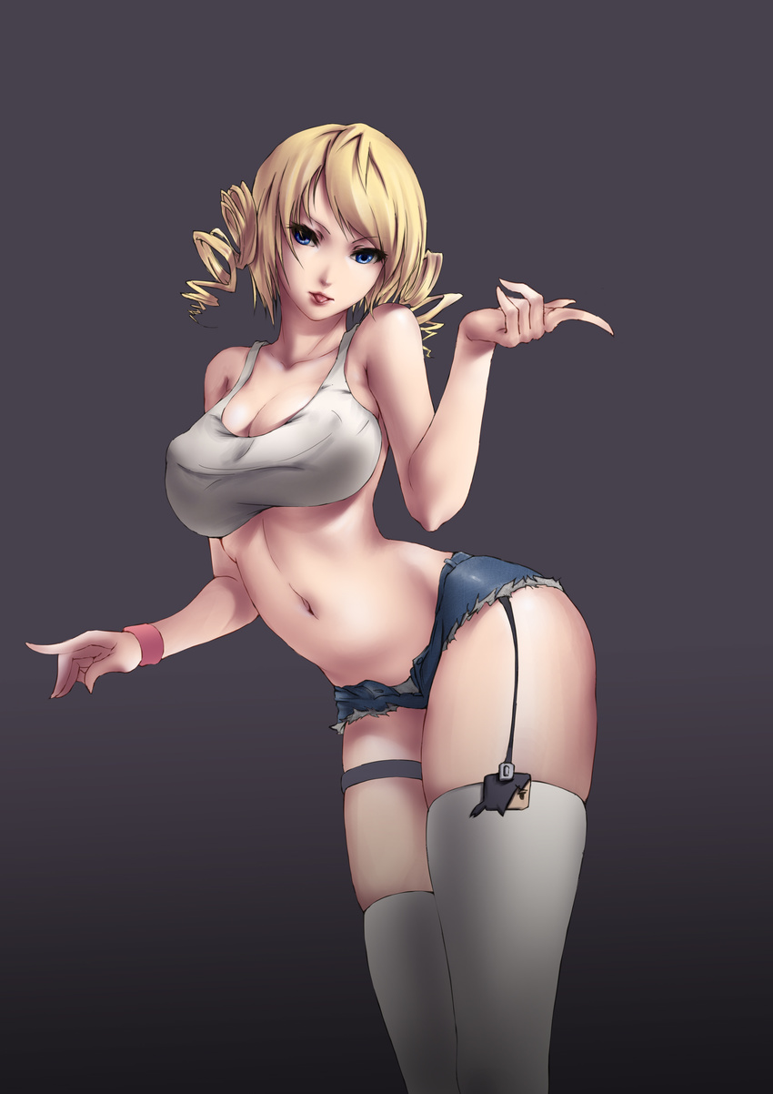 absurdres bad_id bad_pixiv_id blonde_hair blue_eyes breasts catherine catherine_(game) cleavage collarbone denim denim_shorts drill_hair garter_straps gradient gradient_background highres large_breasts legs_together lips navel oinari_risuru short_hair short_shorts shorts simple_background solo tank_top thigh_strap thighhighs tongue tongue_out twin_drills twintails white_legwear wrist_extended wristband