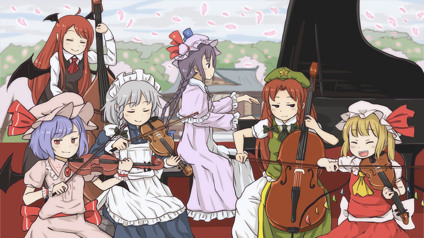 alternate_hairstyle apron ascot asymmetrical_hair bat_wings blonde_hair blue_dress braid cello chair chii-kun_(seedyoulater) chinese_clothes commentary_request double_bass double_bun dress flandre_scarlet grand_piano hat hat_ornament hat_ribbon head_wings highres holding hong_meiling instrument izayoi_sakuya koakuma lavender_hair long_dress long_hair long_sleeves looking_at_another maid_apron maid_headdress multiple_girls outdoors pants patchouli_knowledge petals piano pink_dress puffy_short_sleeves puffy_sleeves purple_dress purple_hair red_dress red_eyes red_hair remilia_scarlet ribbon short_hair short_sleeves shrine side_ponytail silver_hair sitting smile standing star tangzhuang touhou tree twin_braids violin wings wristband