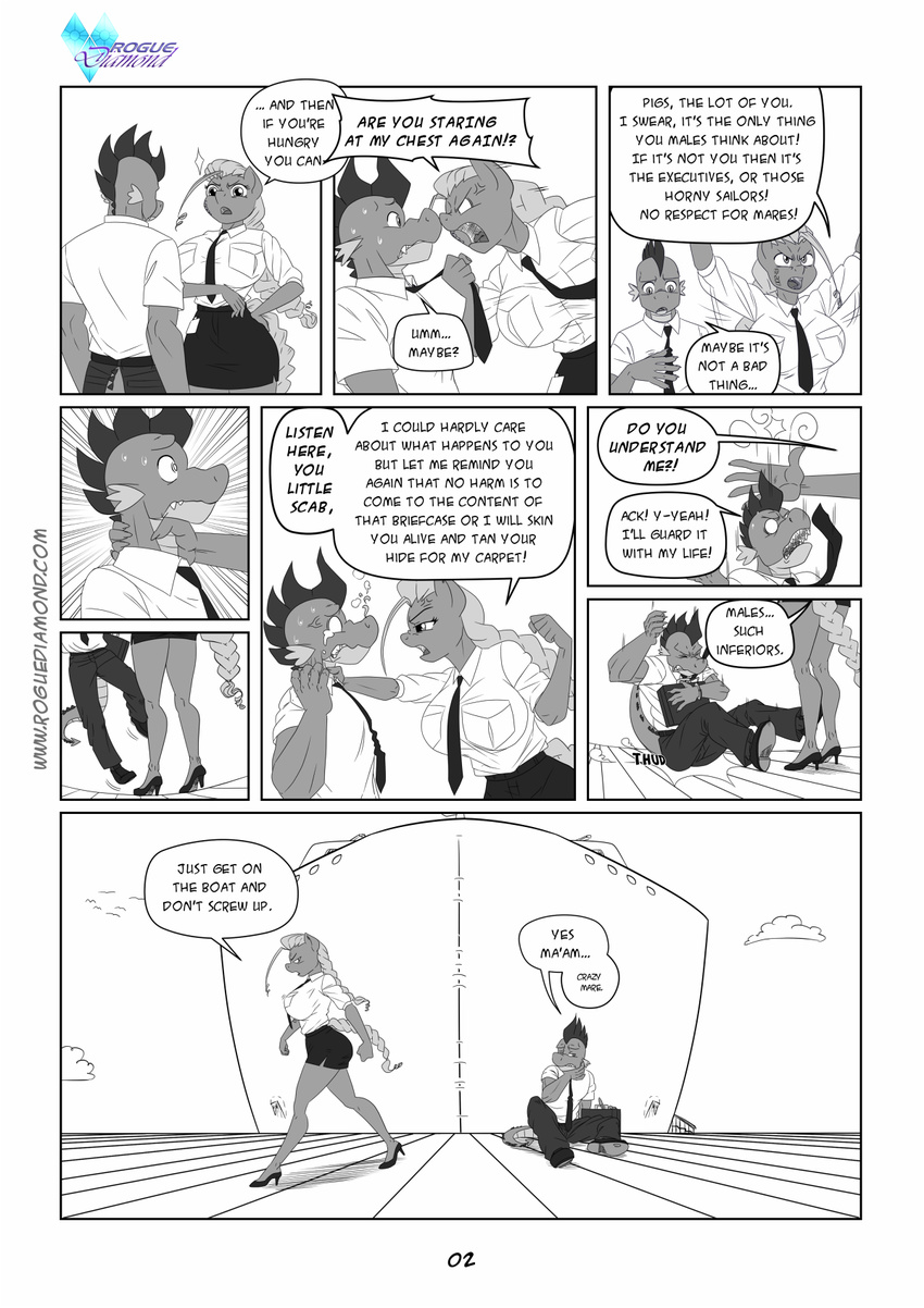 angry anthro anthrofied big_breasts big_butt black_and_white breasts butt clothing comic dialog dragon english_text equine female friendship_is_magic horse male mammal monochrome my_little_pony necktie pia-sama pony skirt smoke spike_(mlp) sweat tattoo text