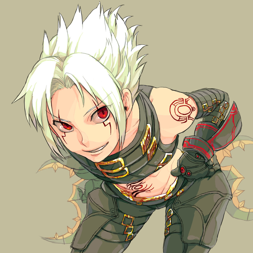 .hack//g.u. 1boy albino brown_background crop_top facial_mark gloves grin hands_on_hips haseo_(.hack//) kmk leaning_forward male_focus midriff pants red_eyes smile solo spiked_hair tattoo white_hair