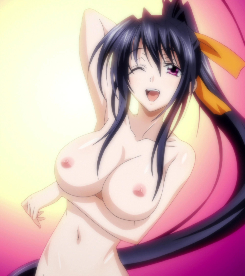 1girl black_hair breasts high_school_dxd highres himejima_akeno large_breasts long_hair looking_at_viewer nipples nude open_mouth ponytail screencap smile solo stitched wink