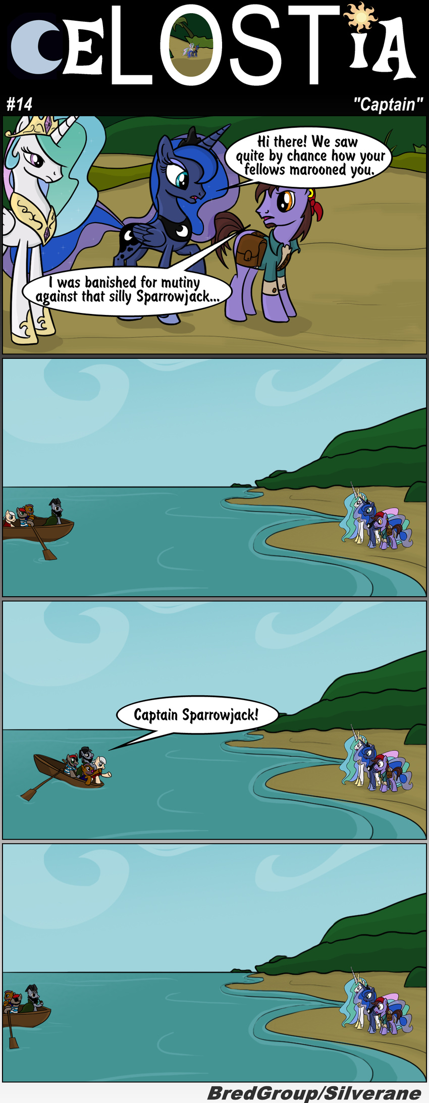 beach blue_fur blue_hair boat bredgroup comic crossover crown cutie_mark english_text equine female feral friendship_is_magic fur hair horn jack_sparrow long_hair magic male mammal multi-colored_hair my_little_pony pirate pirates_of_the_caribbean princess_celestia_(mlp) princess_luna_(mlp) purple_eyes royalty sea seaside sibling silverane sisters teal_eyes text water winged_unicorn wings