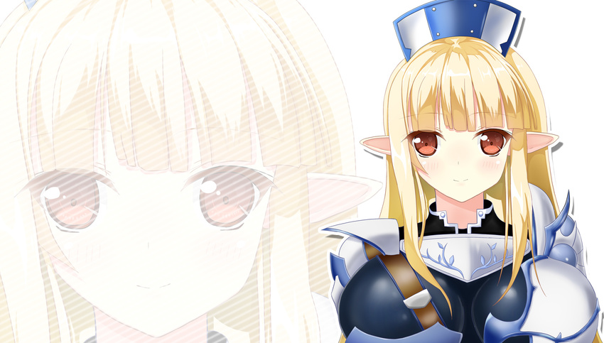 armor bad_id bad_pixiv_id blonde_hair breasts hat highres huge_breasts kamidori_alchemy_meister light_smile long_hair looking_at_viewer pointy_ears red_eyes servalwi_endoss sidelocks smile solo tsurime upper_body white_background zoom_layer