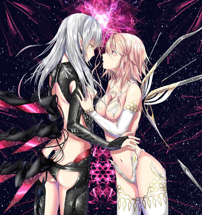 bad_id bad_pixiv_id bare_back between_breasts black_legwear black_panties bodysuit breasts bridal_gauntlets brown_hair character_request cleavage_cutout collarbone elbow_gloves eye_contact gloves height_difference highleg highleg_panties highres long_hair looking_at_another mechanical_wings medium_breasts midriff million_arthur_(series) multiple_girls navel panties pointy_ears red_eyes short_hair silver_hair small_breasts thighhighs underwear white_legwear white_panties wings yellow_eyes yuri zuo_xiang_liang