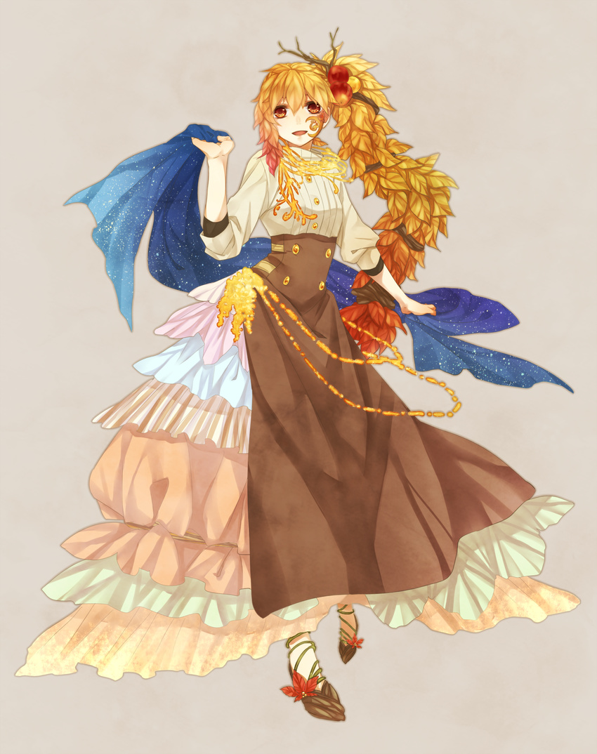 apple apple_hair_ornament autumn bad_id bad_pixiv_id beige_background branch cresce facial_mark food food_themed_hair_ornament fruit hair_ornament highres leaf long_hair long_skirt maple_leaf orange_eyes orange_hair original shawl side_ponytail simple_background skirt solo