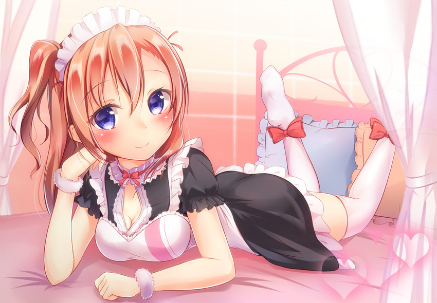 arm_support blush breasts brown_hair cleavage curtains feet_up frilled_pillow frills kousaka_honoka looking_at_viewer love_live! love_live!_school_idol_project lying maid maid_headdress medium_breasts mogyutto_"love"_de_sekkin_chuu! on_stomach one_side_up pillow purple_eyes shirt smile solo taut_clothes taut_shirt thighhighs white_legwear wristband yuuyu