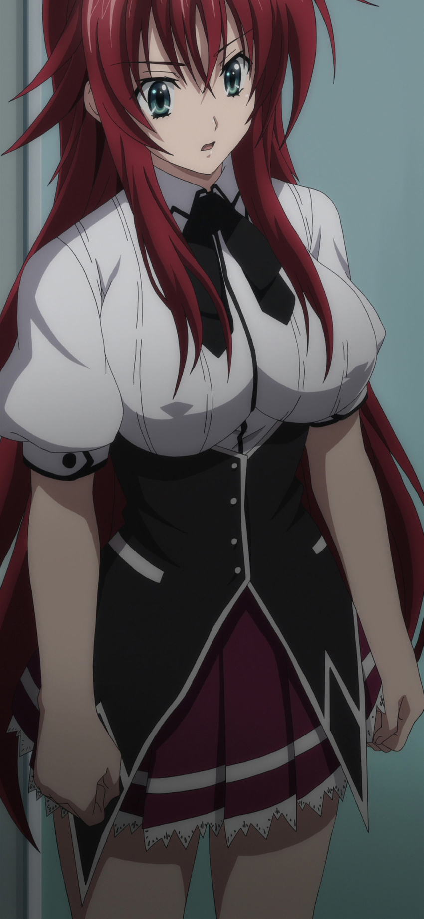1girl blue_eyes breasts highres large_breasts long_hair red_hair rias_gremory school_uniform solo standing stitched