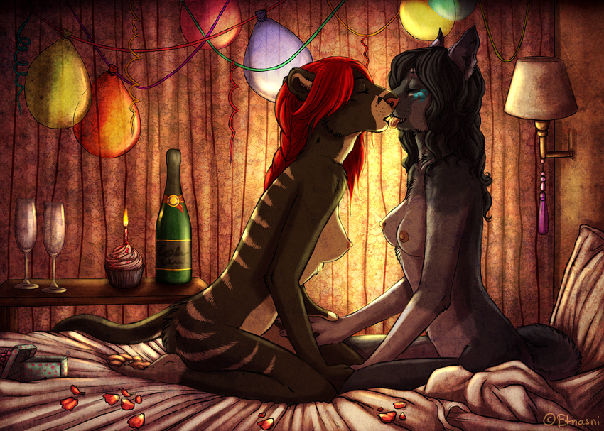 anthro balloon beverage birthday breasts candle champagne cupcake duo etnasni feline female hair kissing lesbian mammal nude red_hair stripes