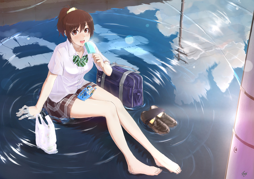 absurdres bag barefoot bow bowtie brown_eyes brown_hair food highres legs long_hair original ponytail popsicle reflection shoes_removed sitting skirt smile solo water