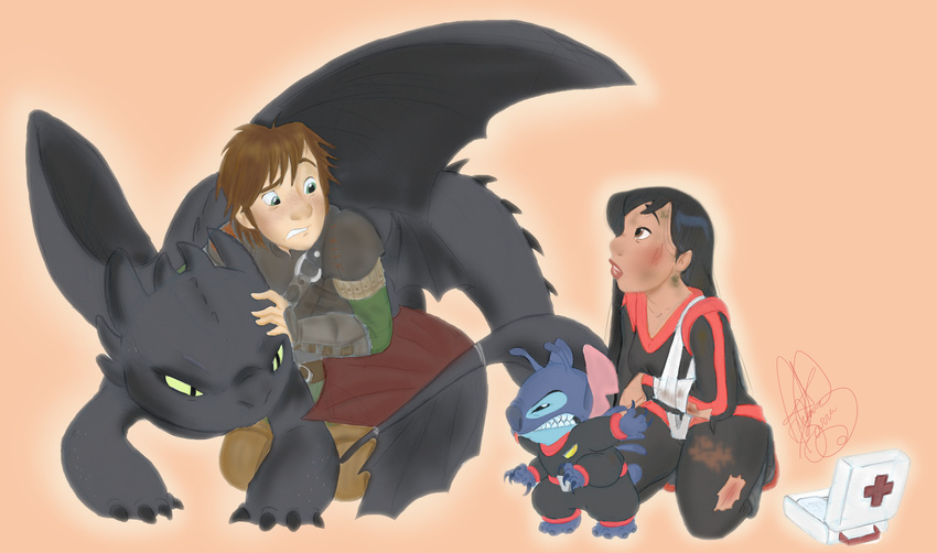 alien angry clothing disney dragon hi_res hiccup_(httyd) how_to_train_your_dragon human jackfreak1994 lilo lilo_and_stitch mammal night_fury simple_background stitch tail_fin teeth toothless wounded