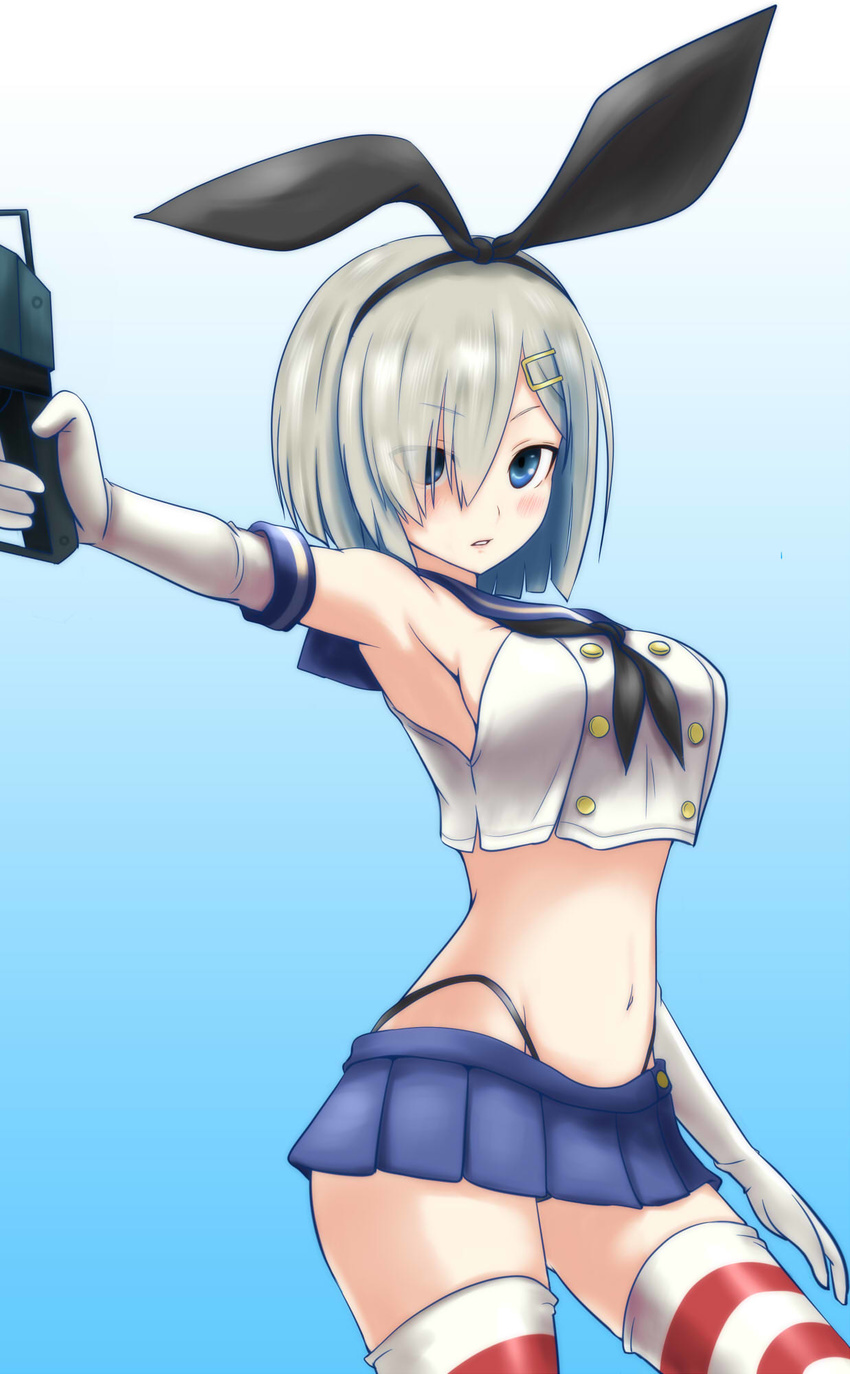 armpits blue_background blue_eyes blush breasts cosplay crop_top crop_top_overhang elbow_gloves gloves gradient gradient_background hair_ornament hair_over_one_eye hairband hairclip hamakaze_(kantai_collection) highres kantai_collection large_breasts looking_at_viewer microskirt midriff navel parted_lips ryuusama shimakaze_(kantai_collection) shimakaze_(kantai_collection)_(cosplay) short_hair silver_hair skirt solo striped striped_legwear thighhighs