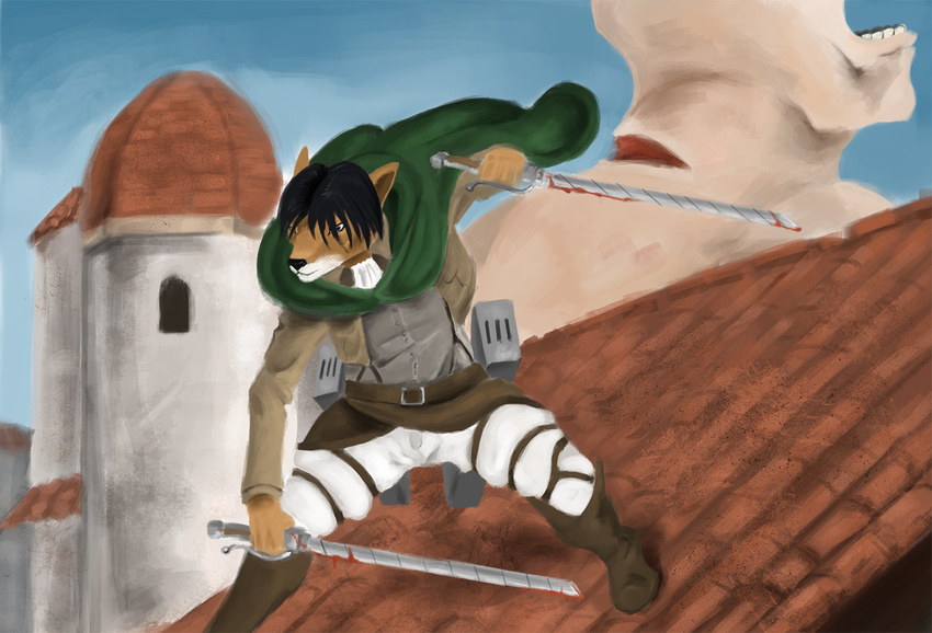 attack_on_titan canine cape captain_levi clothing comic cosplay dog male mammal manga solo sword treefyleaves weapon