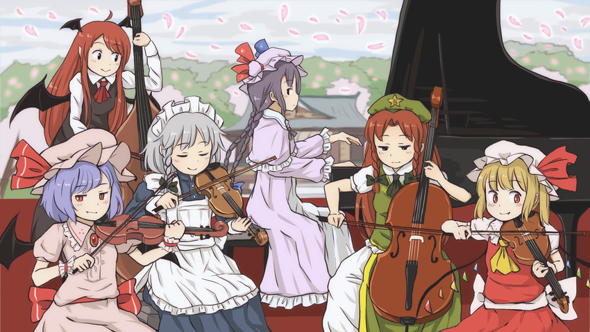 :&gt; alternate_hairstyle apron ascot bat_wings blonde_hair blue_dress blush braid cello chair chii-kun_(seedyoulater) chinese_clothes crystal double_bass double_bun dress fang fang_out flandre_scarlet grand_piano hat hat_ornament hat_ribbon head_wings highres holding hong_meiling instrument izayoi_sakuya koakuma lavender_hair long_dress long_hair long_sleeves looking_at_another maid_apron maid_headdress multiple_girls outdoors pants patchouli_knowledge petals piano pink_dress puffy_long_sleeves puffy_short_sleeves puffy_sleeves purple_dress purple_hair red_dress red_eyes red_hair remilia_scarlet ribbon short_hair short_sleeves shrine silver_hair sitting smile standing star tangzhuang touhou tree twin_braids violin wings wristband