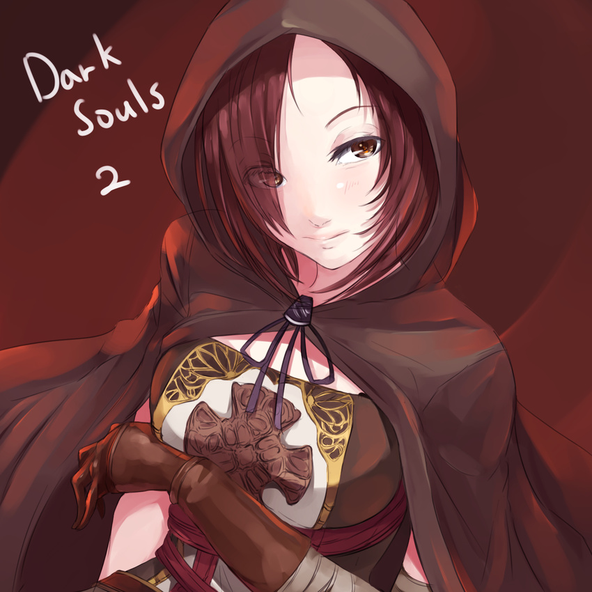 breasts brown_eyes cloak copyright_name dark_souls_ii emerald_herald gloves hair_over_one_eye highres hood hooded_cloak light_smile medium_breasts nanjyolno simple_background solo souls_(from_software)