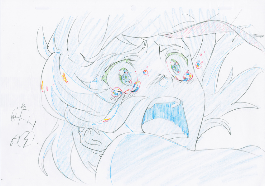 close-up commentary highres key_frame kill_la_kill matoi_ryuuko official_art open_mouth partially_colored production_art sketch solo tears traditional_media trigger_(company)