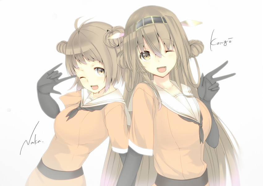 ;d \m/ brown_hair character_name commentary_request cosplay double_bun gloves hrk173 kantai_collection kongou_(kantai_collection) long_hair multiple_girls naka_(kantai_collection) naka_(kantai_collection)_(cosplay) one_eye_closed open_mouth smile v yellow_eyes