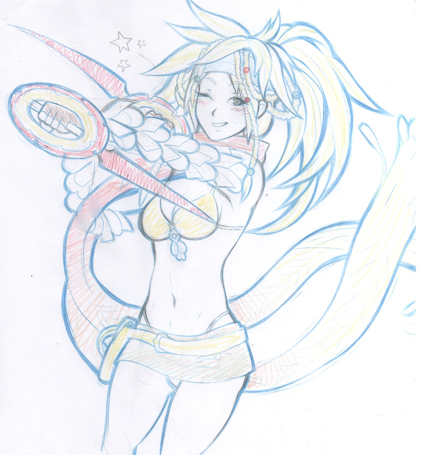 ;) antiheld bikini_top blush breasts dagger dual_wielding final_fantasy final_fantasy_x hairlocs headband highleg highleg_panties highres holding long_hair midriff miniskirt navel one_eye_closed panties rikku scarf sketch skirt smile solo underwear weapon