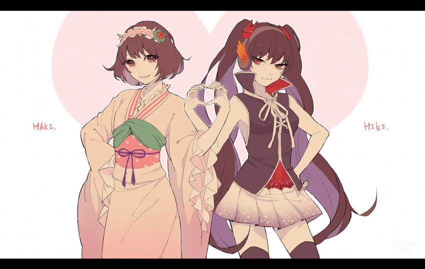 :3 bad_id bad_pixiv_id black_hair blush character_name gunni headphones heart heart_hands heart_hands_duo hoozuki_no_reitetsu horns japanese_clothes kimono letterboxed long_hair long_sleeves miki_(hoozuki_no_reitetsu) multiple_girls peach_maki short_hair skirt smile symmetry twintails very_long_hair