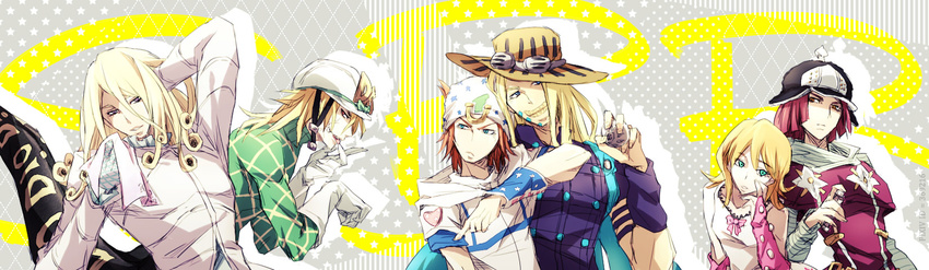 4boys ankai_(rappelzankai) blonde_hair diego_brando funny_valentine gyro_zeppeli hat highres hot_pants_(sbr) johnny_joestar jojo_no_kimyou_na_bouken long_hair lucy_steel multiple_boys multiple_girls red_hair steel_ball_run