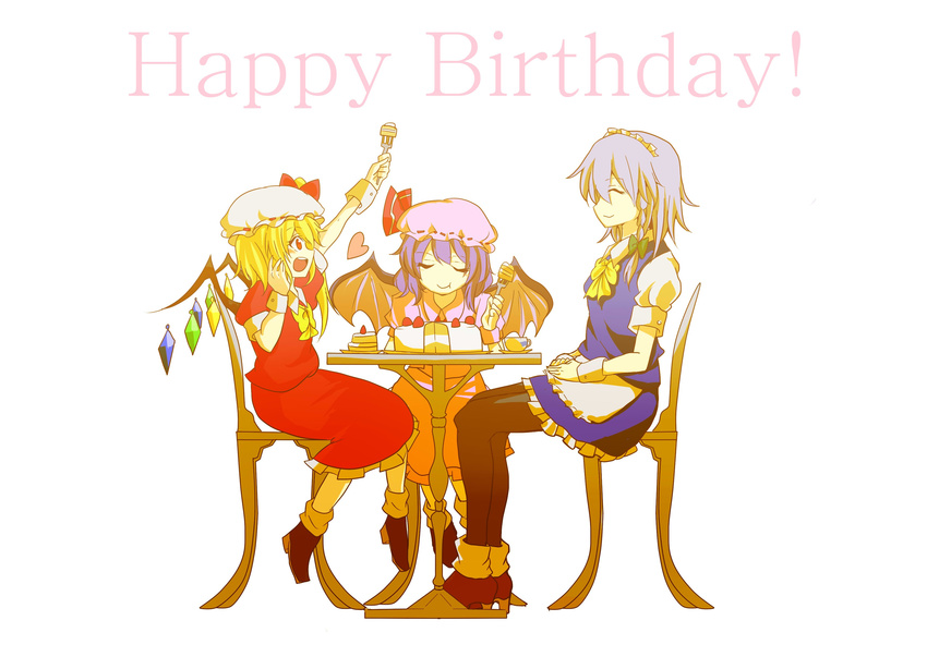 absurdres birthday birthday_cake blonde_hair blue_hair cake chair cup eating flandre_scarlet food fork hat heart highres itsumizu izayoi_sakuya maid multiple_girls pantyhose remilia_scarlet silver_hair simple_background table teacup text_focus touhou white_background wings