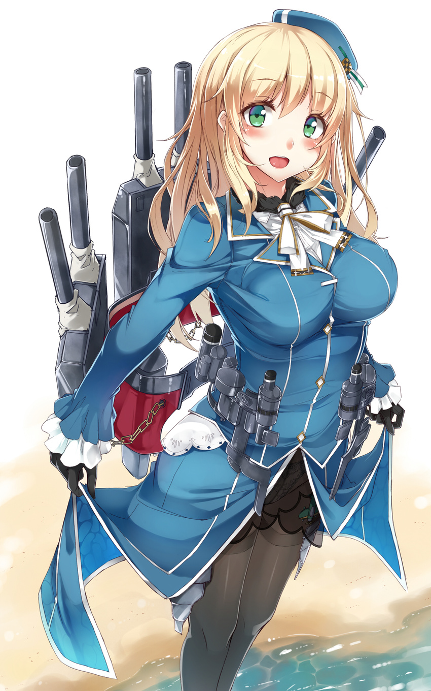 :d atago_(kantai_collection) beach black_gloves blonde_hair blush breasts cannon day gloves green_eyes hat heart heart-shaped_pupils highres kantai_collection large_breasts long_hair looking_at_viewer military military_uniform nanahara_fuyuki open_mouth pantyhose smile solo symbol-shaped_pupils thighband_pantyhose uniform