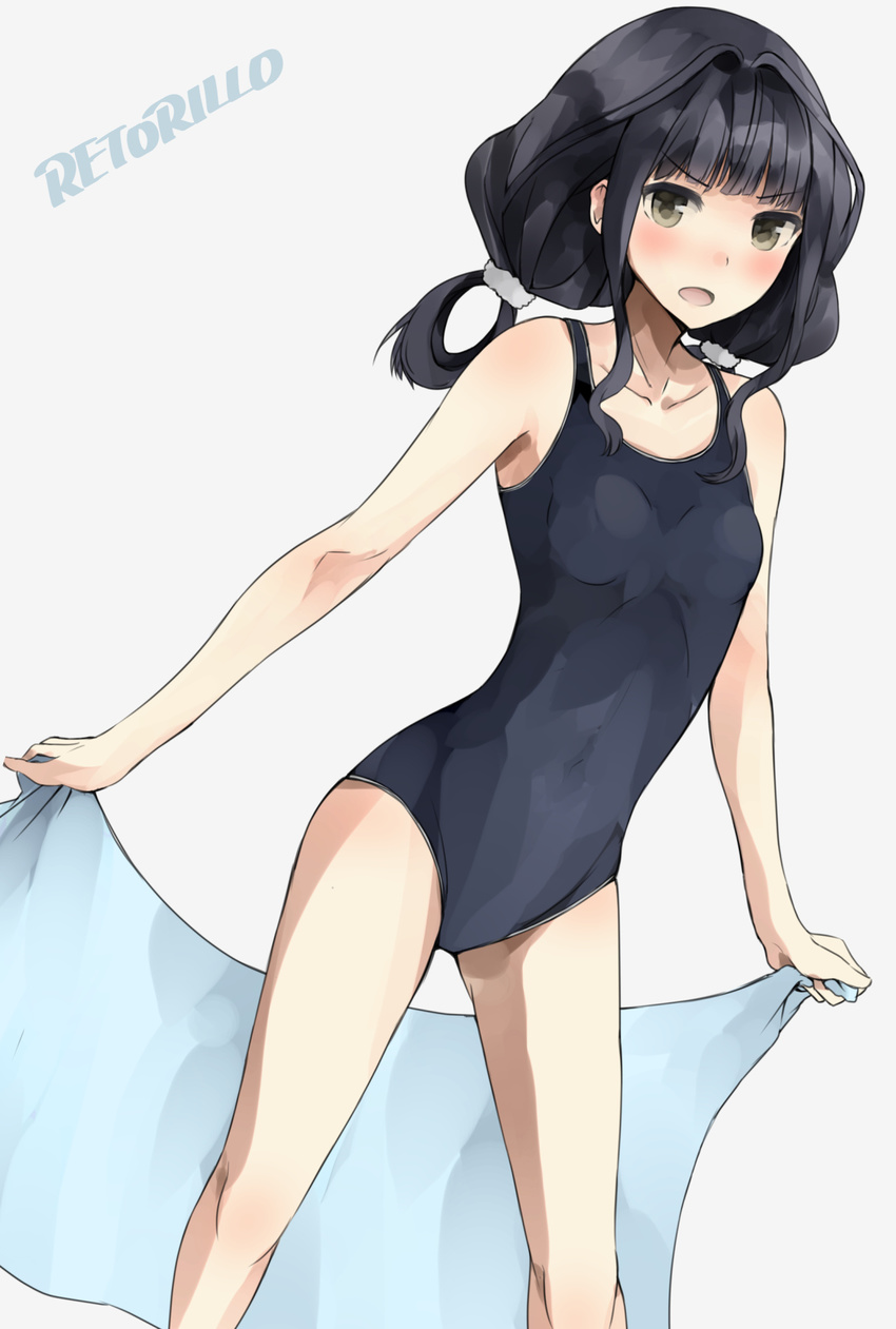 adagaki_aki alternate_hairstyle artist_name bad_id bad_pixiv_id black_hair black_swimsuit blush breasts collarbone eyebrows_visible_through_hair feet_out_of_frame from_side grey_background grey_eyes hair_intakes hair_ornament hair_rings hair_scrunchie hair_up highres holding holding_towel legs_apart long_hair looking_at_viewer masamune-kun_no_revenge new_school_swimsuit one-piece_swimsuit open_mouth retorillo school_swimsuit scrunchie sidelocks simple_background slender_waist small_breasts solo standing swimsuit towel twintails v-shaped_eyebrows