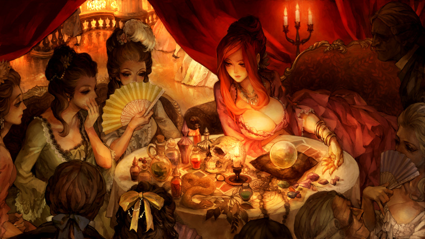 6+girls bracelet breasts cleavage crystal_ball dragon's_crown fan game_cg good_end hair_up highres jewelry kida_emika large_breasts multiple_boys multiple_girls skull sorceress_(dragon's_crown)