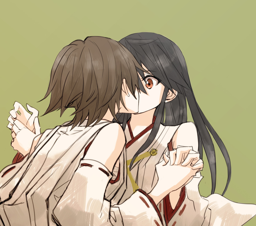black_hair brown_hair detached_sleeves gogono_pan'ya green_background haruna_(kantai_collection) hiei_(kantai_collection) highres holding_hands interlocked_fingers japanese_clothes kantai_collection kiss long_hair multiple_girls nontraditional_miko ribbon-trimmed_sleeves ribbon_trim short_hair simple_background upper_body wide-eyed yuri