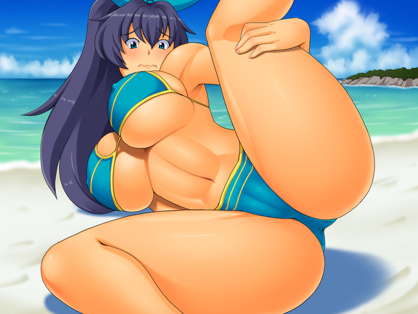 1girl ass beach breasts ganaha_hibiki idolmaster kawanuma_uotsuri large_breasts ocean ponytail solo