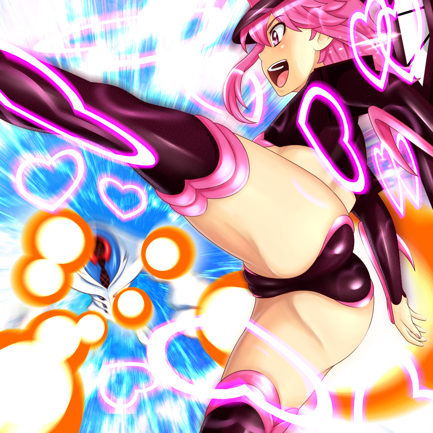 ass blush c-string cameltoe covers_(kill_la_kill) detached_sleeves hat heart jakuzure_nonon kicking kill_la_kill long_hair nike_(0306) open_mouth pink_eyes pink_hair shako_cap shiny shiny_clothes shiny_skin sidelocks spread_legs symphony_regalia thighhighs thighs