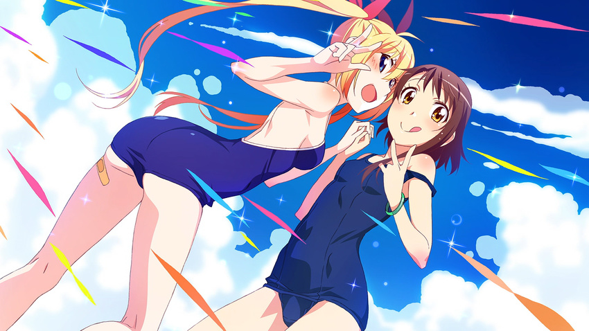 :d :q bandaid blonde_hair blue_eyes brown_eyes brown_hair competition_school_swimsuit end_card highres kirisaki_chitoge kneepits long_hair multiple_girls nisekoi one-piece_swimsuit onodera_kosaki open_mouth school_swimsuit screencap short_hair smile swimsuit tongue tongue_out v watanabe_akio