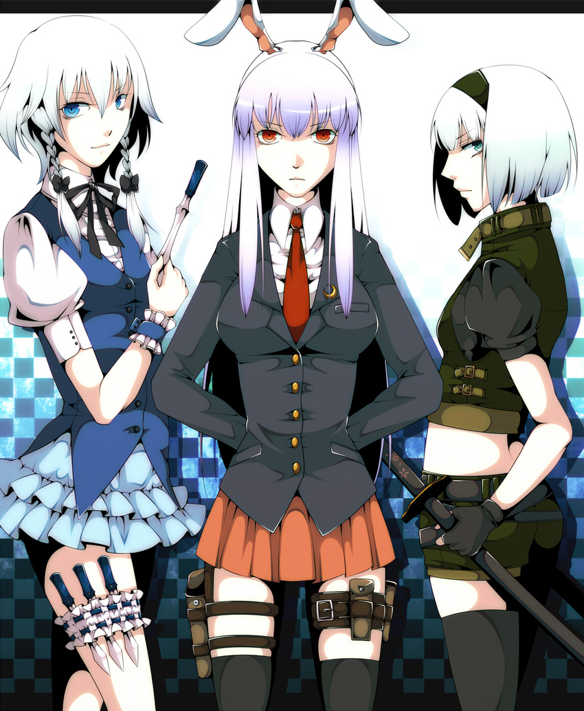 adapted_costume animal_ears blouse blue_eyes boots bow breasts bunny_ears buttons checkered checkered_background crescent_moon expressionless frilled_skirt frills gradient gradient_background green_eyes hair_bow hairband hands_in_pockets highres holding holding_knife holding_weapon holster izayoi_sakuya katana knife konpaku_youmu lapel_pin large_breasts looking_at_viewer midriff moon multicolored_hair multiple_girls necktie pleated_skirt pomeko_(13521433) profile puffy_short_sleeves puffy_sleeves purple_hair red_eyes red_neckwear reisen_udongein_inaba sheath sheathed short_shorts short_sleeves shorts skirt smile stage_connection sword thigh_holster thigh_strap thighhighs touhou two-tone_hair vest weapon white_hair wrist_cuffs