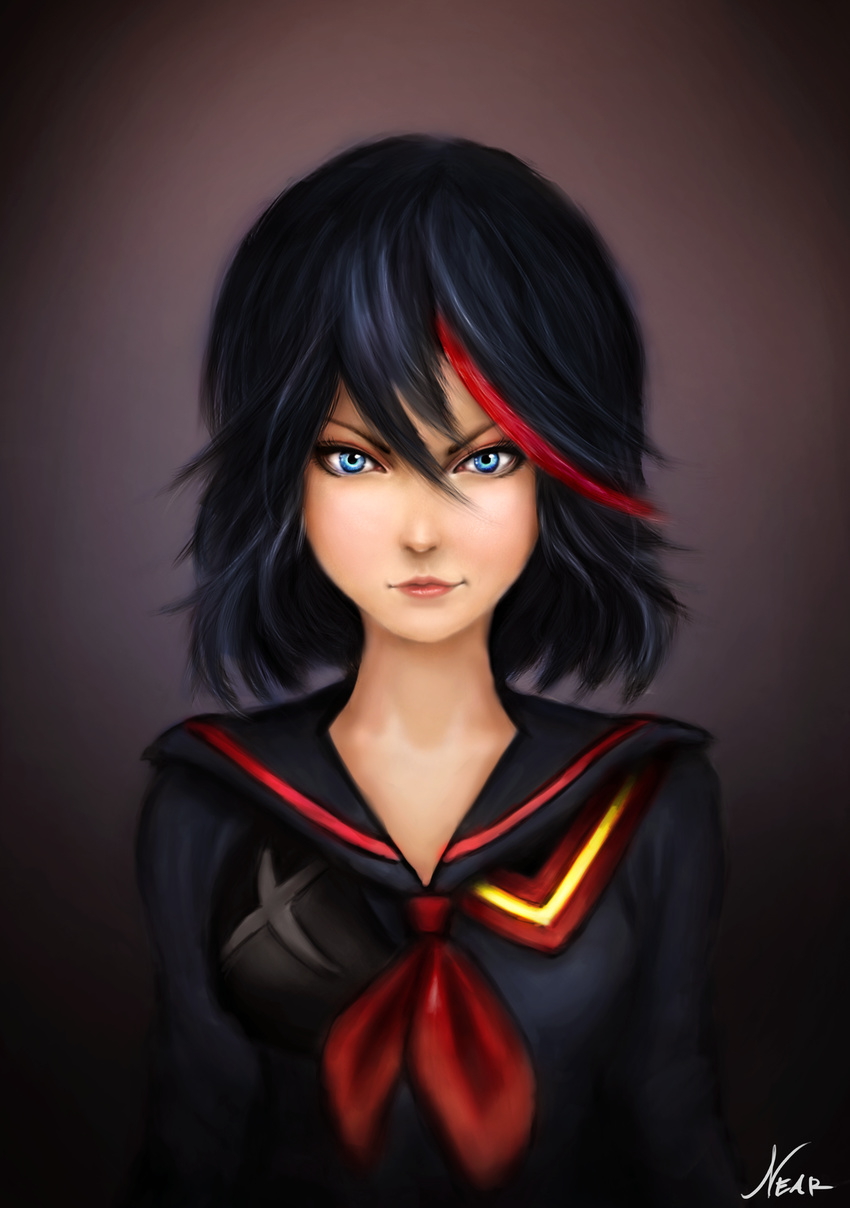 &gt;:) black_hair blue_eyes closed_mouth eyebrows eyeliner highlights highres kill_la_kill light_smile lips looking_at_viewer makeup matoi_ryuuko multicolored_hair nearesven neckerchief realistic red_hair school_uniform senketsu short_hair signature smile solo streaked_hair two-tone_hair upper_body v-shaped_eyebrows vignetting