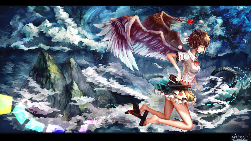 above_clouds bare_legs bird_wings black_hair blouse camera closed_eyes cloud cloudy_sky expressionless flying frilled_skirt frills geta hat hat_removed headwear_removed highres kiyomasa_ren legs_folded letterboxed midriff mountain navel profile sea_serpent shameimaru_aya short_hair short_sleeves signature skirt sky solo tengu-geta tokin_hat touhou water wings